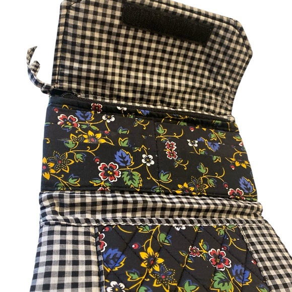 Checkered Check Print Black & White W Floral Print Fabric Wallet - Picture 1 of 12
